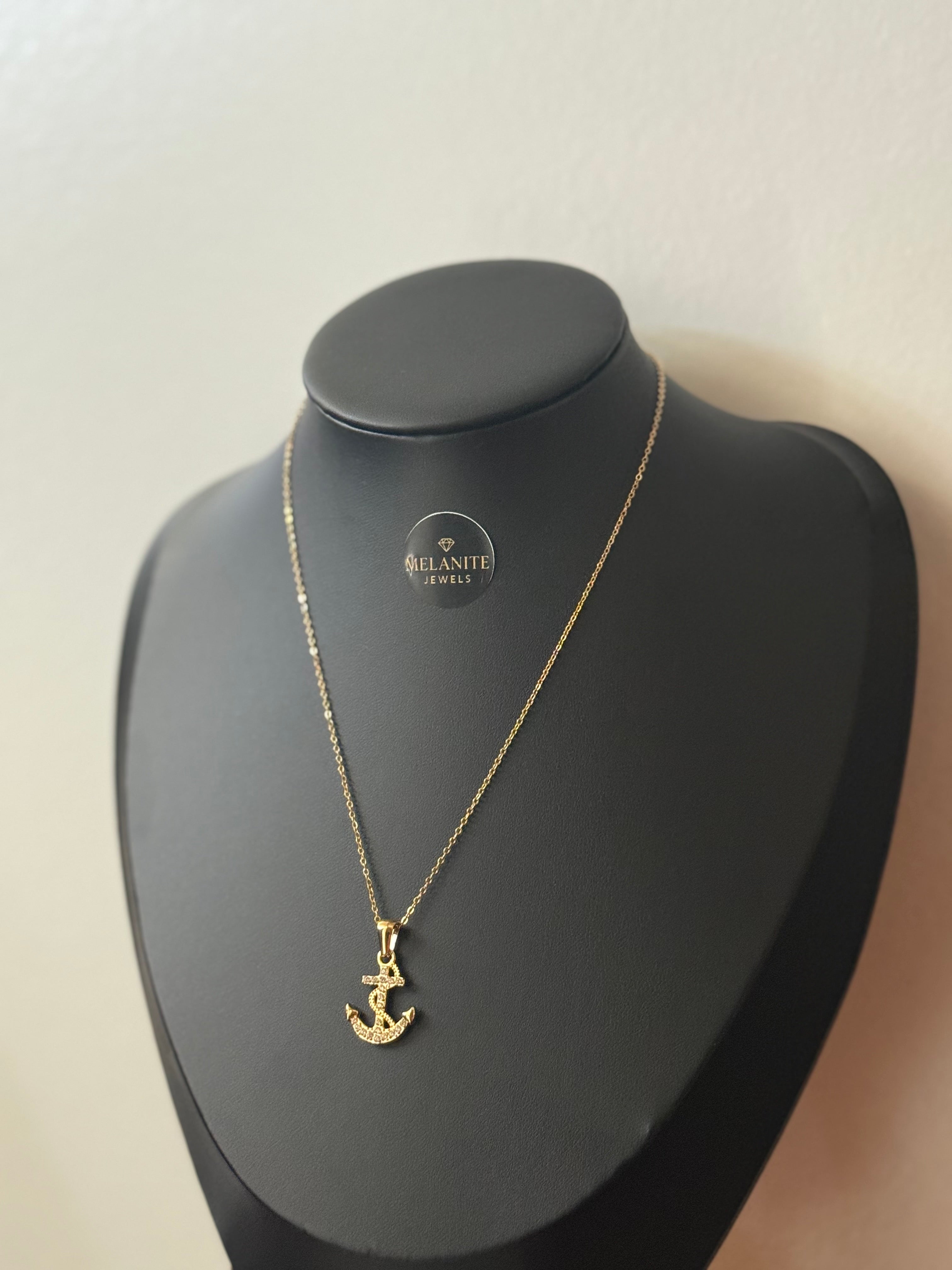 18K Gold Plated Anchor Pendant Necklace with Stones | Nautical Chain