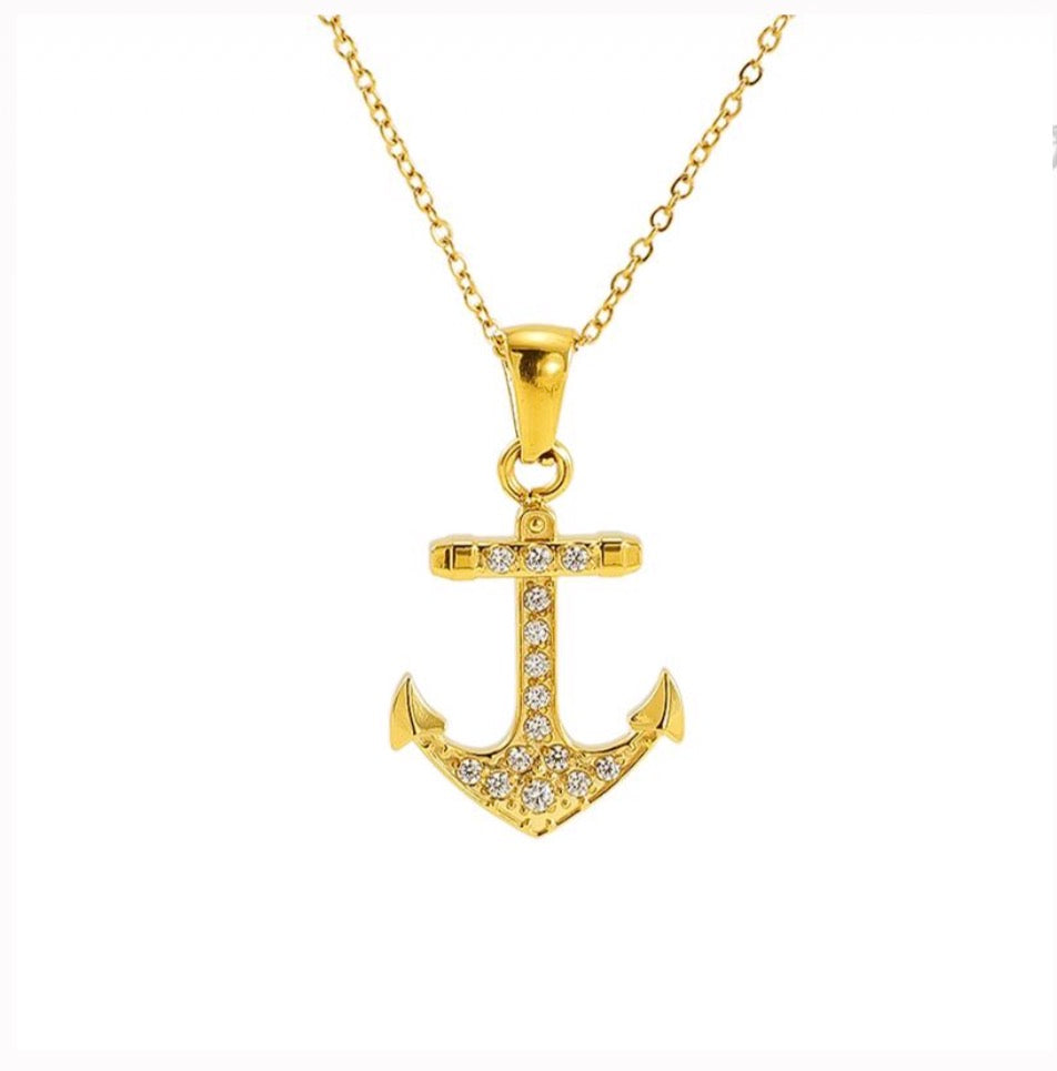 18K Gold Plated Anchor Pendant Necklace with Stones | Nautical Chain