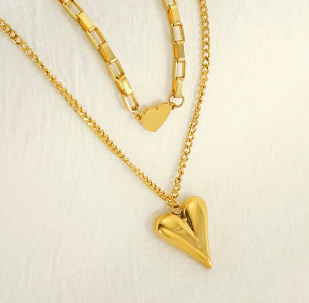 18K Gold Plated Layered Heart Necklace Set | Multi-Layer Chain