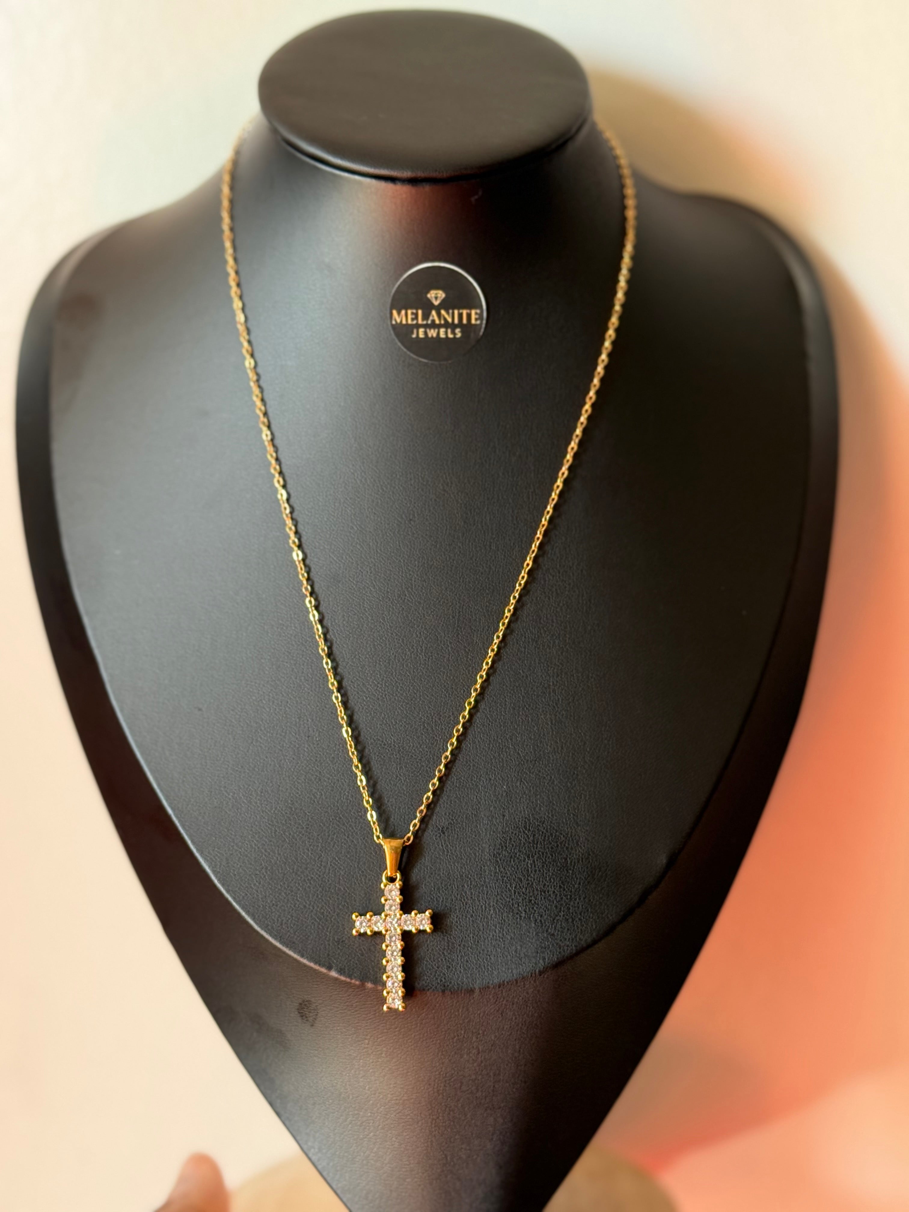 18K Gold Plated Cross Pendant Necklace with Stones | Crystal Cross Chain