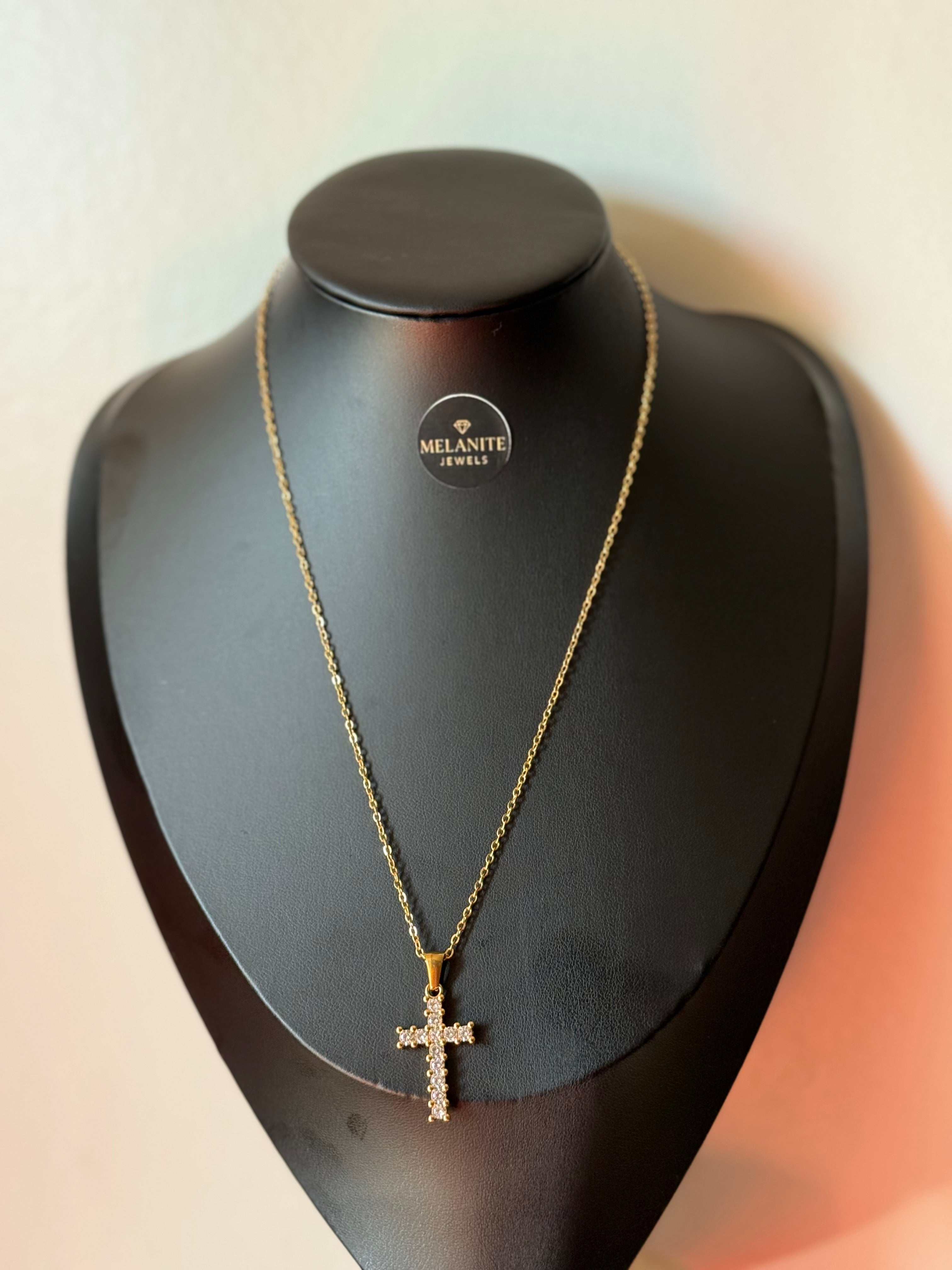 18K Gold Plated Cross Pendant Necklace with Stones | Crystal Cross Chain