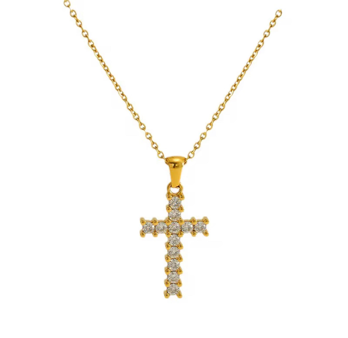 18K Gold Plated Cross Pendant Necklace with Stones | Crystal Cross Chain