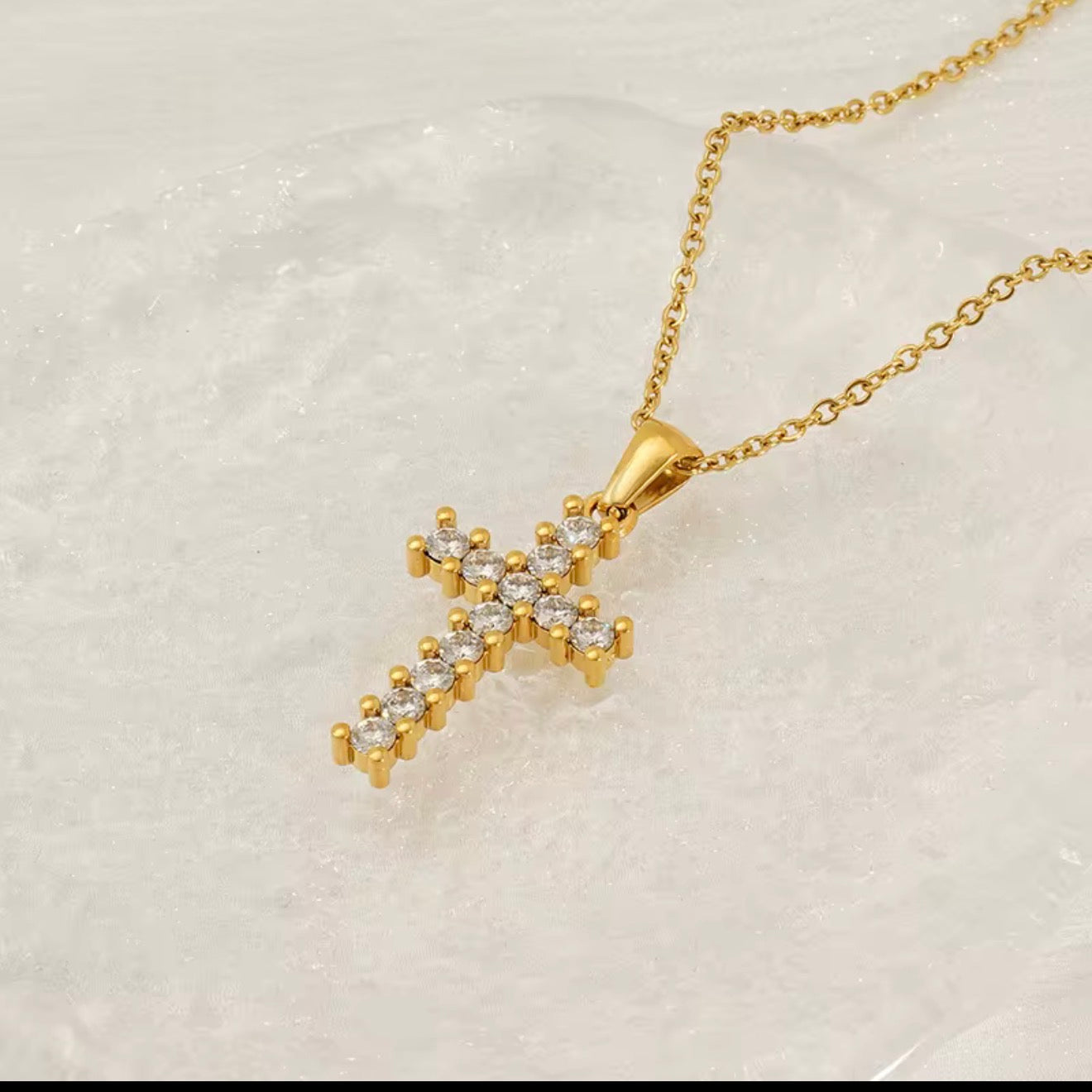 18K Gold Plated Cross Pendant Necklace with Stones | Crystal Cross Chain