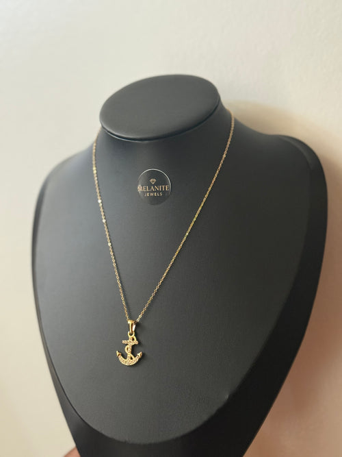 18K Gold Plated Anchor Pendant Necklace with Stones | Nautical Chain